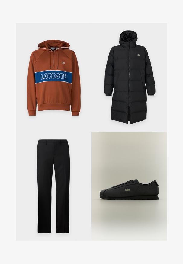 Čierna prešívaná bunda s kapucňou, vybavená plným zipsom, dlhými rukávmi a dĺžkou po kolená. Mäkká, prešívaná textúra s detailom loga.; Hnedá mikina s kapucňou a zipsom pri krku, kontrastný modrý pás s textom "LACOSTE", rebrované manžety a malé logo na hrudi.; Čierne elegantné nohavice so rovnými nohavicami, vyrobené z hladkej tkaniny. Súčasťou je plochý predný diel a pás so stredným vzostupom.; Čierne nízke tenisky s šnúrkami, textúrovanou podrážkou a zlatým krokodílím logom na boku.