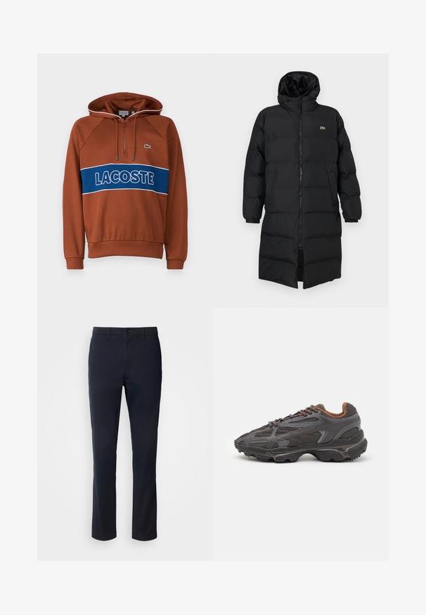 Piumino nero con cappuccio, caratterizzato da una zip completa, maniche lunghe e un design fino al ginocchio. Texture morbida e trapuntata con dettaglio del logo.; Felpa marrone con collo zip, fascia blu a contrasto con il testo "LACOSTE", polsini a costine e un piccolo logo sul petto.; Pantaloni blu navy realizzati in tessuto liscio, con un design a gamba dritta, passanti per cintura e chiusura con bottone e zip.; Sneaker Lacoste grigie scure in materiale mesh e sintetico, con suola testurizzata e dettagli marroni sul colletto e sul branding.