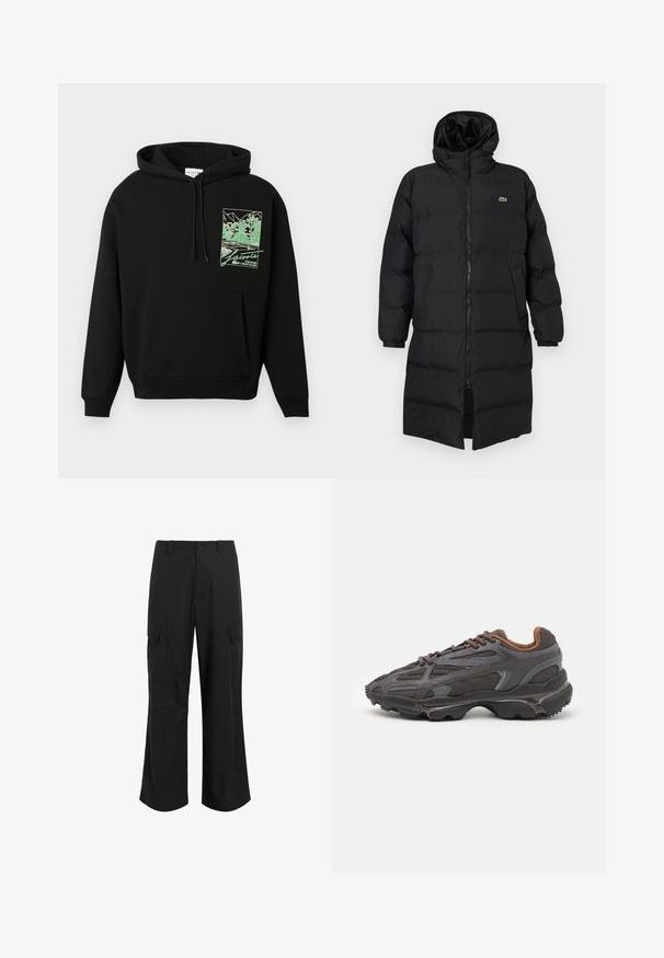 Piumino nero con cappuccio, caratterizzato da una zip completa, maniche lunghe e un design fino al ginocchio. Texture morbida e trapuntata con dettaglio del logo.; Felpa nera con cappuccio e tasca frontale, decorata con una grafica verde di un campo da tennis e alberi, con la scritta "Lacoste Tennis Heritage" sul petto.; Pantaloni cargo neri realizzati in tessuto leggero, con una vestibilità rilassata, due ampie tasche laterali e chiusura con bottone.; Sneaker Lacoste grigie scure in materiale mesh e sintetico, con suola testurizzata e dettagli marroni sul colletto e sul branding.