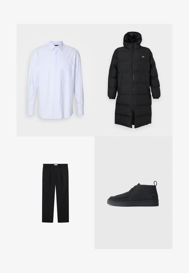 Abrigo acolchado negro con capucha, que presenta un cierre completo, mangas largas y un diseño hasta la rodilla. Textura suave y acolchada con detalle de logo.; Camisa de manga larga a rayas en azul claro y blanco con cuello tipo botón, bolsillo frontal y puños de un único botón. Fabricada en tejido de algodón.; Pantalones negros ajustados con pliegues frontales, diseño de pierna recta y cierre de botón. La tela parece suave con un ligero brillo.; Botines de ante negros con cordones, tirador en la parte trasera y suela texturizada, que presentan un pequeño logo de cocodrilo en relieve en el lateral.