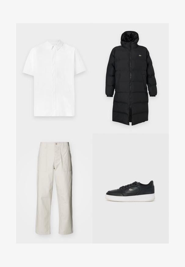 Geacă puffer neagră cu glugă, dotată cu fermoar complet, mâneci lungi și un design până la genunchi. Textură moale, matlasată, cu detalii ale logo-ului.; Cămașă albă cu mânecă scurtă, cu guler cu nasturi, realizată dintr-un material neted, având o bandă frontală și un design curat, minimalist.; Pantaloni wide-leg de culoare bej deschis, confecționați din bumbac. Dispun de buzunare frontale și închidere cu nasture. Textură netedă cu linii verticale subtile.; Adidași din piele neagră cu talpă albă, prezentând un vârf rotund, un design cu șireturi și un logo subtil pe lateral. Accente texturate la suprafață.