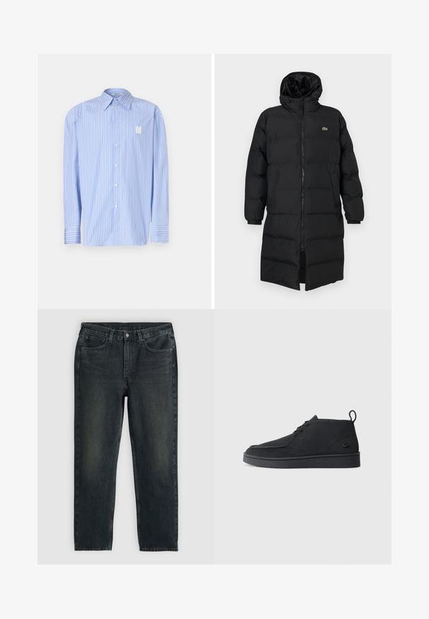 Abrigo acolchado negro con capucha, que presenta un cierre completo, mangas largas y un diseño hasta la rodilla. Textura suave y acolchada con detalle de logo.; Camisa a rayas azul claro hecha de algodón, con cuello puntiagudo, cierre frontal de botones y logo bordado de la 'N'. Mangas largas con puños.; Vaqueros de mezclilla azul oscuro con un corte recto, que cuentan con cinco bolsillos, una cremallera en la bragueta y costuras en contraste. Ligera decoloración en la tela.; Botines de ante negros con cordones, tirador en la parte trasera y suela texturizada, que presentan un pequeño logo de cocodrilo en relieve en el lateral.