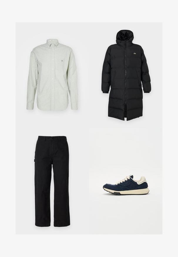 Melna pūkaina jaka ar kapuci, kas aprīkota ar pilnu rāvējslēdzēju, garām piedurknēm un ceļgala garuma dizainu. Mīksta, quiltēta tekstūra ar logotipa detaļu.; Zaļā un baltā ritināšanas krekla ar garām piedurknēm pogu krekls ar mazu izšūtu logotipu uz krūšu kabatas un pogājošu apkakli.; Melni kokvilnas kravas svārki ar taisnu kāju dizainu, ar sānu kabatām un priekšējo pogu aizdari. Izturīga auduma ar gludu tekstūru.; Tumši zili sporta apavi ar teksturētu zamša augšdaļu, krēmkrāsas šņorēm un bēšu vidusdaļu. Iespējo klasisku sporta dizainu un gumijas zoli.