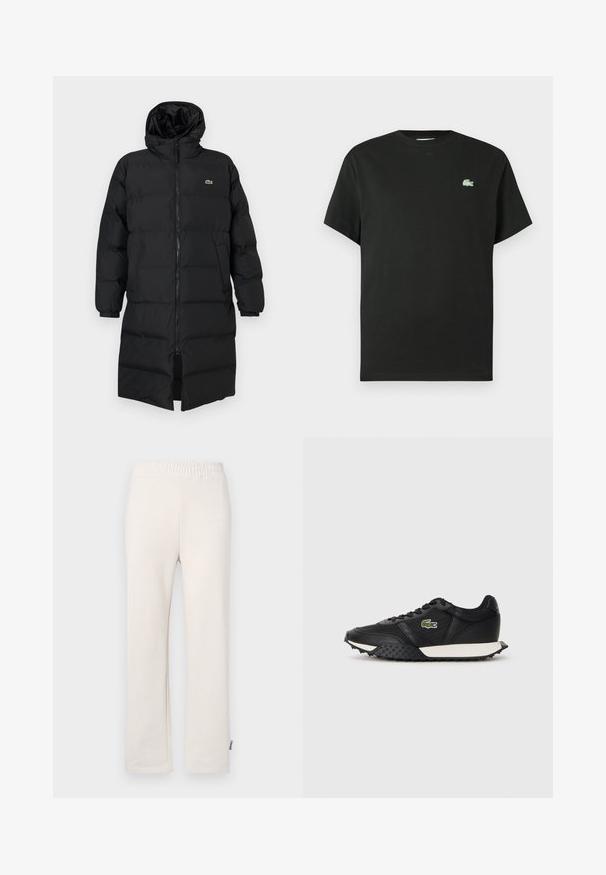 Svart dunjakke med hette, med hel glidelås, lange ermer og knelengde. Myk, quiltet tekstur med logodetalj.; Svart bomulls t-skjorte med rund hals, korte ermer og en grønn brodert logo på venstre bryst. Glatt tekstur, avslappet passform.; Beige bomullstreningsbukser med elastisk midjebånd og brodert logo. Rett ben design med en jevn tekstur og subtile stikningsdetaljer.; Sorte joggesko med en glatt lærfinish, som har en teksturert gummisåle, hvit mellomsåle og en grønn brodert logo på siden.