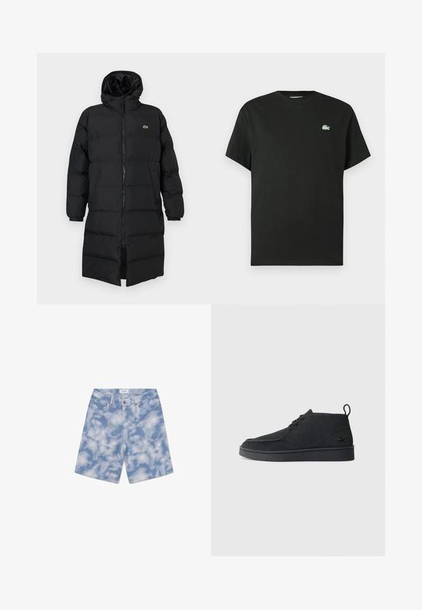 Svart dunjakke med hette, med hel glidelås, lange ermer og knelengde. Myk, quiltet tekstur med logodetalj.; Svart bomulls t-skjorte med rund hals, korte ermer og en grønn brodert logo på venstre bryst. Glatt tekstur, avslappet passform.; Lyseblå denimshorts med et sky-mønster. Laget av bomull, har de en klassisk fem-lomme design og knapplukking.; Svart semsket snøring ankelstøvel med drageløkke og teksturert såle, med en liten preget krokodillelogo på siden.