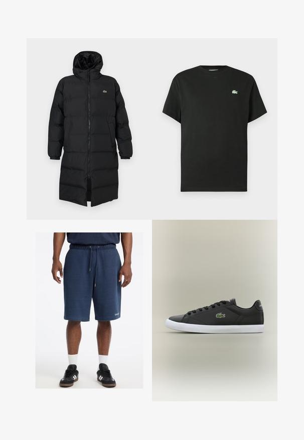 Black puffer coat with a hood, featuring a full zipper, long sleeves, and a knee-length design. Soft, quilted texture with logo detail.; Black cotton t-shirt with a crew neck, short sleeves, and a green embroidered logo on the left chest. Smooth texture, relaxed fit.; Navy blue cotton shorts with an elastic waistband, drawstring, side pockets, and "GUESS" logo on the front hem.; Black leather sneakers with white rubber sole, featuring a green crocodile logo and round laces, sleek design with smooth texture.