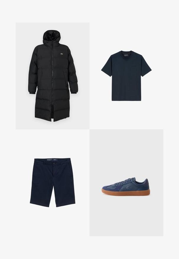 Manteau en duvet noir avec capuche, doté d'une fermeture éclair intégrale, de manches longues et d'un design long jusqu'aux genoux. Texture douce matelassée avec un détail de logo.; T-shirt bleu marine en coton doux, avec un col rond, des manches courtes et un détail de logo discret à l'avant. Design sans coutures.; Shorts bleu marine en mélange de coton, dotés d'une fermeture à bouton, de poches latérales et d'une coupe droite. Taille M visible.; Baskets bleu marine en cuir et daim, semelle en caoutchouc gomme, bout rond et fermeture à lacets avec un détail de marque sur le côté.