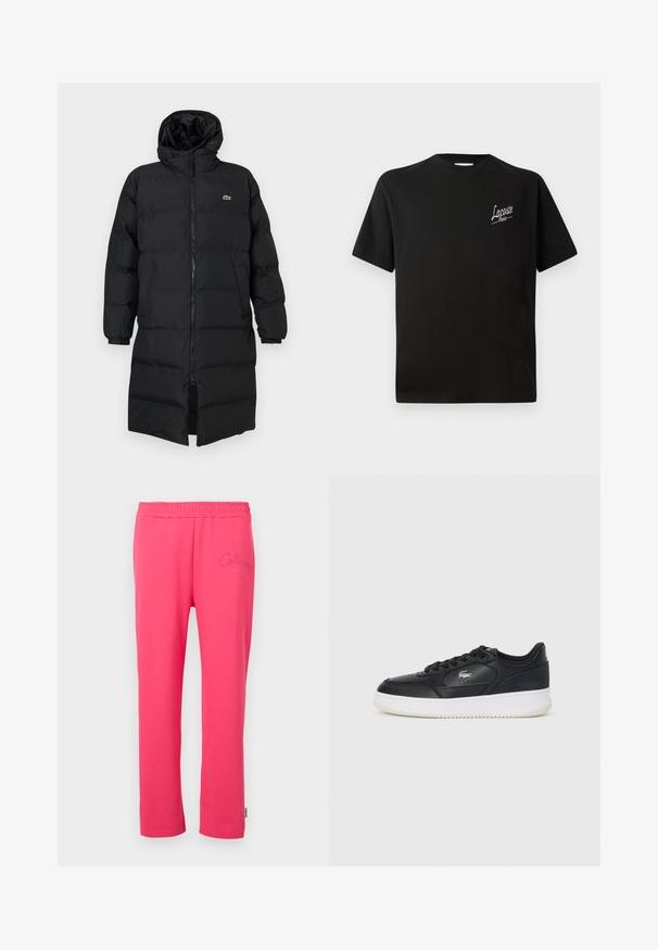 Melna pūkaina jaka ar kapuci, kas aprīkota ar pilnu rāvējslēdzēju, garām piedurknēm un ceļgala garuma dizainu. Mīksta, quiltēta tekstūra ar logotipa detaļu.; Melnas kokvilnas T-krekls ar īsām piedurknēm, kurā ir izdrukāts balts "Lacoste" logo kreisajā krūtī. Ar apaļu kakla izgriezumu.; Rozā kokvilnas mājas bikses ar elastīgu jostu un izšūtu logotipa detalizāciju priekšpusē. Iezīmē taisnu kāju dizainu.; Melnas ādas tenisa kurpes ar baltu zoli, ar noapaļotu purngalu, saista dizainu un nemanāmu logotipu sānos. Strukturēta virsma.