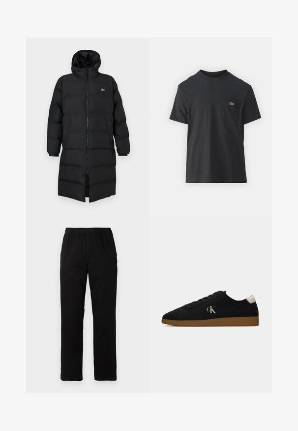 Svart dunjakke med hette, med hel glidelås, lange ermer og knelengde. Myk, quiltet tekstur med logodetalj.; Svart bomull t-skjorte med korte ermer, rund hals og en liten grønn logo på venstre brystlomme. Enkelt design, normal passform.; Sorte bukser laget av bomullsblandet stoff, med rett snitt, elastisk midjebånd med knapp, og uten synlige mønstre eller detaljer.; Sorte kanvas sneakers med gummisåle, med en sølv "cK" logo på siden og en hvit detalj ved hælen. Lave sneakers.