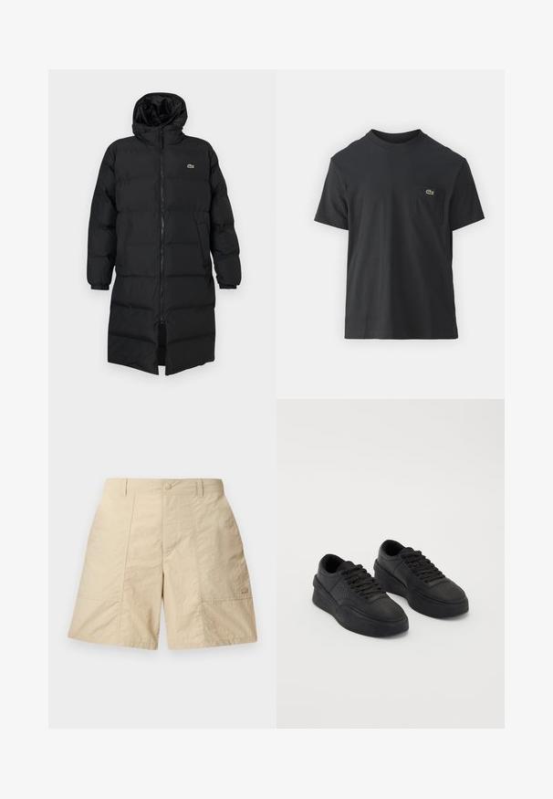 Abrigo acolchado negro con capucha, que presenta un cierre completo, mangas largas y un diseño hasta la rodilla. Textura suave y acolchada con detalle de logo.; Camiseta de algodón negra de manga corta, con cuello redondo y un pequeño logotipo verde en el bolsillo izquierdo del pecho. Diseño simple, ajuste regular.; Pantalones cortos beige con un acabado texturizado, con cierre de botón en la parte delantera, dos bolsillos laterales y un pequeño logo en la parte inferior derecha.; Un par de zapatillas negras de plataforma bajas con cordones, suelas gruesas y detalles de perforación en la zona de los dedos, sobre un fondo liso.