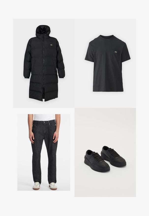 Czarna kurtka puchowa z kapturem, z pełnym zamkiem, długimi rękawami i długością sięgającą kolan. Miękka, pikowana tekstura z detalem logo.; Czarna bawełniana koszulka z krótkim rękawem, okrągłym dekoltem i małym zielonym logo na lewej kieszeni piersiowej. Prosty design, regularny krój.; Czarne dżinsy o prostym kroju, z zapinaniem na guzik z przodu, pięcioma kieszeniami oraz subtelnymi detalami stębnowania. Noszone z trampkami.; Czarne sneakersy wykonane z gładkiej skóry z amortyzującą podeszwą. Wśród cech znajdują się płaskie sznurowadła, perforacje na nosku oraz smukła sylwetka.