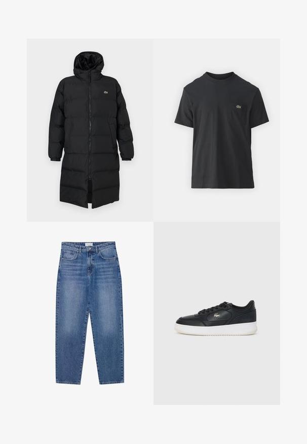 Black puffer coat with a hood, featuring a full zipper, long sleeves, and a knee-length design. Soft, quilted texture with logo detail.; Black cotton t-shirt with short sleeves, round neckline, and a small green logo on the left chest pocket. Simple design, regular fit.; Blue denim jeans with a high waist, straight leg design, and faded finish. Features five pockets and a button closure.; Black leather sneaker with white sole, featuring a rounded toe, lace-up design, and a subtle logo on the side. Textured upper accents.