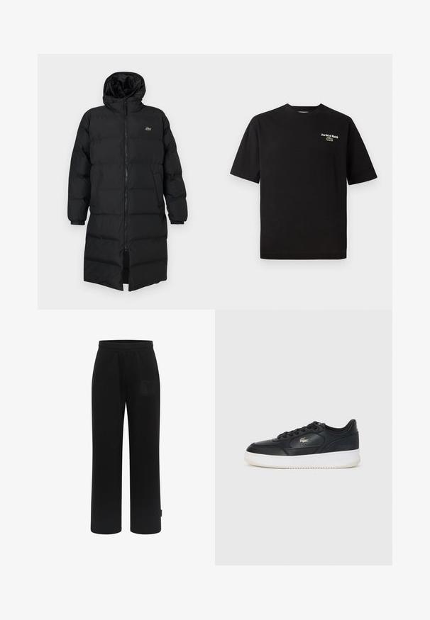 Czarna kurtka puchowa z kapturem, z pełnym zamkiem, długimi rękawami i długością sięgającą kolan. Miękka, pikowana tekstura z detalem logo.; Czarny bawełniany t-shirt z krótkimi rękawami, okrągłym dekoltem, z haftem "Jeu Set et Match" w białym kolorze oraz zielonym logo krokodyla jako akcentem.; Czarne spodnie dresowe wykonane z miękkiego materiału, z szeroką nogawką, elastycznym paskiem w talii oraz teksturowaną łatą z logo na przedniej kieszeni.; Czarne skórzane trampki z białą podeszwą, z zaokrąglonym noskiem, wiązaniem i subtelnym logo po boku. Teksturowana cholewka.