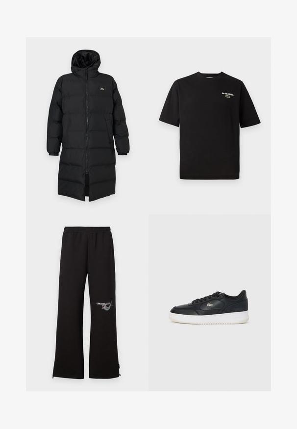 Schwarze Daunenjacke mit Kapuze, ausgestattet mit einem vollen Reißverschluss, langen Ärmeln und einem knielangen Schnitt. Weiche, gesteppten Textur mit Logodetail.; Schwarzes Baumwoll-T-Shirt mit kurzen Ärmeln und Rundhalsausschnitt, mit weißer Bestickung "Jeu Set et Match" und einem grünen Krokodil-Logo-Akzent.; Schwarze Jogginghose mit elastischem Bund, die ein besticktes Logo und grafische Details am linken Bein aufweist. Gerade geschnitten mit Reißverschlüssen an den Säumen.; Schwarze Ledersneaker mit weißer Sohle, runde Spitze, Schnürverschluss und einem dezenten Logo an der Seite. Strukturierte Obermaterialakzente.