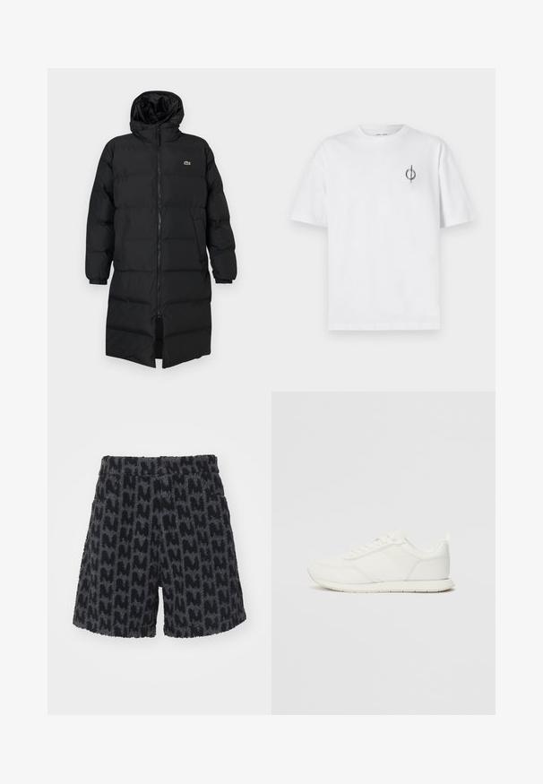 Crni zimski kaput s kapuljačom, s punim zatvaračem, dugim rukavima i dužinom do koljena. Mekana, kviltana tekstura s logom.; Bijela pamučna majica s opuštenim krojem, s malim crnim grafičkim logotipom na lijevoj prečki. Kratki rukavi, okrugli izrez.; Dlakave crne i sive kratke hlače s teksturiranim uzorkom koji podsjeća na slovo "M." Imaju pojas s dugmetom i bočne džepove.; Bijela tenisica s gornjim dijelom od mrežice i sintetičkog materijala, okrugli vrh, ravne vezice i teksturirani bočni trak. Gumeni potplat s petnim trakicom.