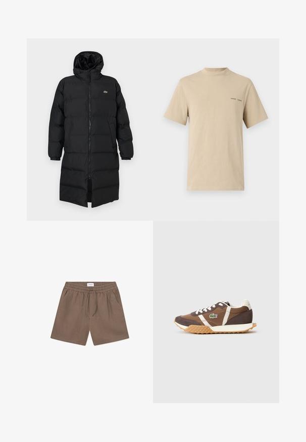 Svart dunjakke med hette, med hel glidelås, lange ermer og knelengde. Myk, quiltet tekstur med logodetalj.; Beige bomull T-skjorte med rund hals og korte ermer. Har en subtil svart "SAMSOE" tekstlogo på brystet.; Brune linstoffshorts med elastisk midje, snorstrammesystem og sidelommer. Glatt tekstur og uformelt design.; Brune sneakers med hvite detaljer, laget av semsket skinn og tekstil. Har en teksturert gummisåle og en Lacoste-logo på siden.