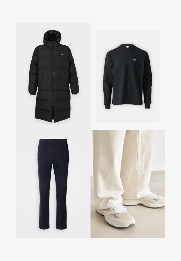 Melna pūkaina jaka ar kapuci, kas aprīkota ar pilnu rāvējslēdzēju, garām piedurknēm un ceļgala garuma dizainu. Mīksta, quiltēta tekstūra ar logotipa detaļu.; Melna garām piedurknēm t-krekls, izgatavots no kokvilnas, ar apaļu kakla izgriezumu un mazu zaļu izšūtu krokodila logo kreisajā krūtī.; Tumši zilie bikses, kas izgatavotas no gluda auduma, ar taisnām kājām, jostu cilpām un pogu aizdari ar rāvējslēdzēju.; Sneakeri ar gaiši beiža zamšas un tīkla augšdaļu, baltām šņorēm un pelēku akcentu. Bieza gumijas zole ar teksturētu rakstu.