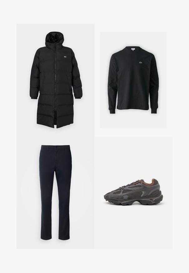 Black puffer coat with a hood, featuring a full zipper, long sleeves, and a knee-length design. Soft, quilted texture with logo detail.; Black long-sleeve t-shirt made of cotton, featuring a round neckline and a small green embroidered crocodile logo on the left chest.; Navy blue trousers made of smooth fabric, featuring a straight leg design, belt loops, and a button closure with a zip fly.; Lacoste sneakers in dark gray with mesh and synthetic material, featuring a textured sole and brown accents on the collar and branding.