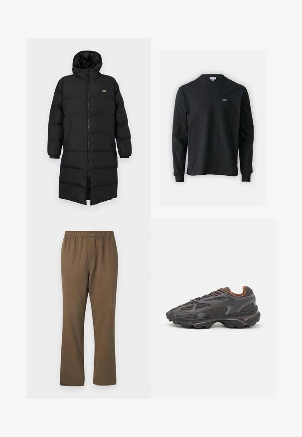 Zwarte pufferjas met een kap, voorzien van een volledige ritssluiting, lange mouwen en een lengte tot de knie. Zachte, gewatteerde textuur met logo-detail.; Zwarte longsleeve t-shirt van katoen, met een ronde halslijn en een klein groen geborduurd krokodillenlogo op de linkerborst.; Samsøe Samsøe JABARI - Broek - canteen; Lacoste sneakers in donkergrijs van mesh en synthetisch materiaal, met een gestructureerde zool en bruine accenten op de kraag en branding.