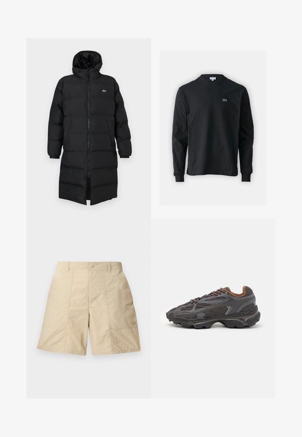 Svart dunjakke med hette, med hel glidelås, lange ermer og knelengde. Myk, quiltet tekstur med logodetalj.; Svart langermet T-skjorte laget av bomull, med rund hals og en liten grønn brodert krokodillelogo på venstre bryst.; Beige shorts med teksturert overflate, med knappelukking foran, to sidelommer og en liten logo nederst til høyre.; Lacoste-sneakers i mørkegrått med mesh- og syntetisk materiale, med en teksturert såle og brune detaljer på kragen og merket.