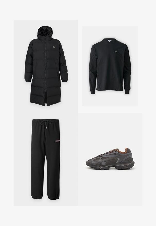 Juodas pūkinis paltas su kapišonu, su pilnu užtrauktuku, ilgomis rankovėmis ir iki kelių ilgio. Minkšta, siuvinėta tekstūra su logotipo detale.; Juodas ilgomis rankovėmis marškinėliai iš medvilnės, turintys apvalią iškirptę ir mažą žalią išsiuvinėtą krokodilo logotipą kairėje krūtinės pusėje.; Juodos sportinės kelnės iš minkštos medžiagos, su elastingu juosmeniu, raišteliu ir elastingu apdaila, su balta ir raudona "GUESS JEANS" logotipu.; Lacoste sportbačiai tamsiai pilki, pagaminti iš tinklinės ir sintetinių medžiagų, su tekstūruotu padu ir rudomis detalėmis ant apykaklės bei prekės ženklo.