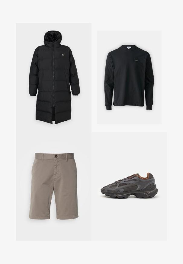 Fekete, kapucnis puffertakó, teljes cipzárral, hosszú ujjakkal és térd hosszig érő fazonnal. Puha, steppelt textúra logó részlettel.; Fekete hosszú ujjú pamut póló, kerek nyakkivágással, bal mellen egy kis zöld hímzett krokodil logóval.; Férfi rövidnadrág világosszürke színben, pamut anyagból készült. Gombos záródással, övréteggel és sima textúrával rendelkezik.; Sötét szürke Lacoste sportcipők hálós és szintetikus anyagból, textúrázott talppal és barna díszítésekkel a nyak részen és a logón.