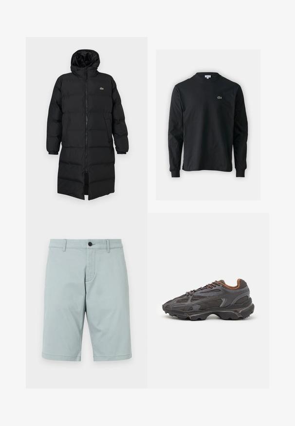 Schwarze Daunenjacke mit Kapuze, ausgestattet mit einem vollen Reißverschluss, langen Ärmeln und einem knielangen Schnitt. Weiche, gesteppten Textur mit Logodetail.; Schwarzes Langarm-T-Shirt aus Baumwolle, mit Rundhalsausschnitt und einem kleinen grünen, gestickten Krokodil-Logo auf der linken Brust.; Helle türkisfarbene Shorts aus glatt gewebtem Stoff mit flacher Vorderseite, zwei Seitentaschen und einem einzigen Knopfverschluss. Sauberes, maßgeschneidertes Design.; Lacoste Sneaker in Dunkelgrau aus Mesh und Synthetikmaterial, mit einer strukturierten Sohle und braunen Akzenten am Kragen und Logo.