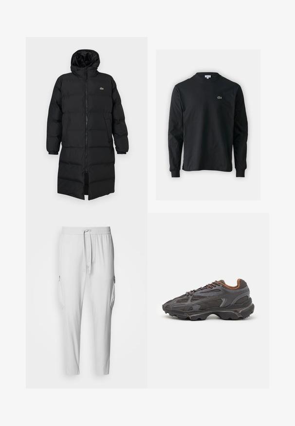 Mustahomeinen musta untuvatakki hupulla, jossa on täysipitkä vetoketju, pitkät hihat ja polvenpituinen malli. Pehmeä, tikkikuvioitu pinta logotiedolla.; Musta pitkähiha t-paita, joka on valmistettu puuvillasta. Paita on varustettu pyöreällä kaula-aukolla ja vasemmassa rinnassa on pieni vihreä brodeerattu krokotiililogo.; BOSS URBANEX - Reisitaskuhousut - light pastel grey; Lacoste-tennar i mörkgrått med nät- och syntetmaterial, med en texturerad sula och bruna accenter på kragen och märket.