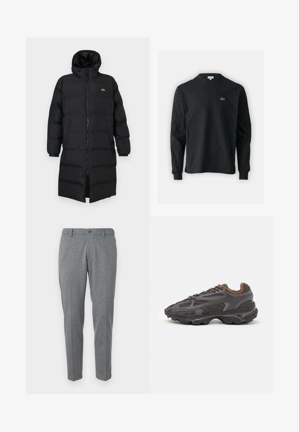 Black puffer coat with a hood, featuring a full zipper, long sleeves, and a knee-length design. Soft, quilted texture with logo detail.; Black long-sleeve t-shirt made of cotton, featuring a round neckline and a small green embroidered crocodile logo on the left chest.; Gray dress pants made from a textured fabric, featuring a button closure, belt loops, and two front pockets, slim fit design.; Lacoste sneakers in dark gray with mesh and synthetic material, featuring a textured sole and brown accents on the collar and branding.