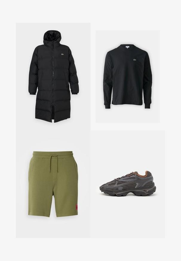 Sort pufferjakke med hætte, der har fuld lynlås, lange ærmer og knælængde. Blød, quiltet tekstur med logo-detalje.; Sort langærmet t-shirt lavet af bomuld, med rund halsudskæring og et lille grønt broderet krokodillelogo på venstre bryst.; HUGO DIZ - Træningsbukser - open green; Lacoste sneakers i mørkegrå med mesh og syntetisk materiale, udstyret med en tekstureret sål og brune accenter på kraven og brandingen.