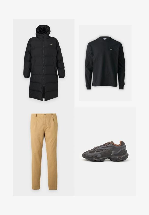 Black puffer coat with a hood, featuring a full zipper, long sleeves, and a knee-length design. Soft, quilted texture with logo detail.; Black long-sleeve t-shirt made of cotton, featuring a round neckline and a small green embroidered crocodile logo on the left chest.; Beige cotton trousers with a straight leg design, featuring a zip fly and button closure, and pockets on the front and back.; Lacoste sneakers in dark gray with mesh and synthetic material, featuring a textured sole and brown accents on the collar and branding.