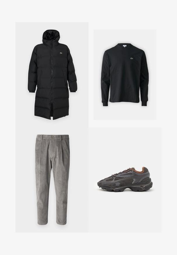 Černá péřová bunda s kapucí, s plným zipem, dlouhými rukávy a délkou po kolena. Měkká prošívaná textura s detailem loga.; Černé dlouhé rukávy triko vyrobené z bavlny, s kulatým výstřihem a malým zeleným vyšitým logem krokodýla na levé hrudi.; Šedé kordové kalhoty s texturovaným vertikálním pruhovaným vzorem, s knoflíkovým zapínáním a dvěma bočními kapsami. Přiléhavý střih a zkrácená délka.; Sněrovací boty Lacoste v tmavě šedé barvě s síťovinou a syntetickým materiálem, prezentující texturovanou podrážku a hnědé detaily na límci a logu.