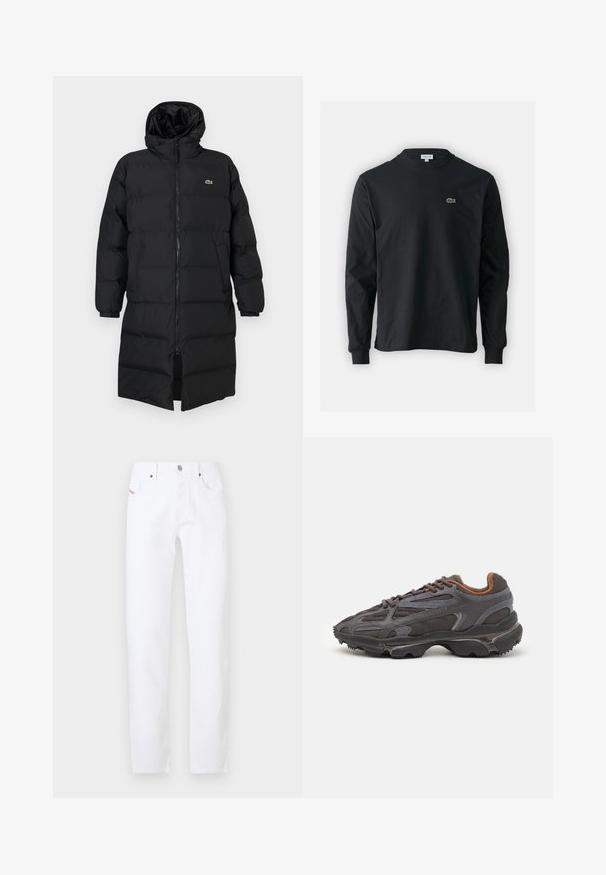 Abrigo acolchado negro con capucha, que presenta un cierre completo, mangas largas y un diseño hasta la rodilla. Textura suave y acolchada con detalle de logo.; Camiseta de manga larga negra de algodón, con escote redondo y un pequeño logo de cocodrilo bordado en verde en el lado izquierdo del pecho.; Jeans de mezclilla blanca con un ajuste recto, que presentan un diseño clásico de cinco bolsillos y cierre de botón de metal. Estilo minimalista sin patrones.; Zapatillas Lacoste en gris oscuro con material de malla y sintético, que cuentan con una suela texturizada y detalles en marrón en el cuello y la marca.