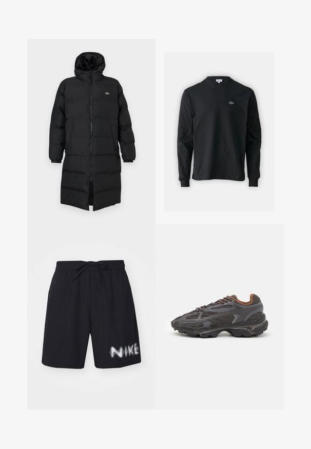 Schwarze Daunenjacke mit Kapuze, ausgestattet mit einem vollen Reißverschluss, langen Ärmeln und einem knielangen Schnitt. Weiche, gesteppten Textur mit Logodetail.; Schwarzes Langarm-T-Shirt aus Baumwolle, mit Rundhalsausschnitt und einem kleinen grünen, gestickten Krokodil-Logo auf der linken Brust.; Schwarze Schwimmshorts mit elastischem Bund und Kordelzug. Mit einem weißen Farbverlauf "NIKE"-Logo auf der unteren rechten Seite.; Lacoste Sneaker in Dunkelgrau aus Mesh und Synthetikmaterial, mit einer strukturierten Sohle und braunen Akzenten am Kragen und Logo.