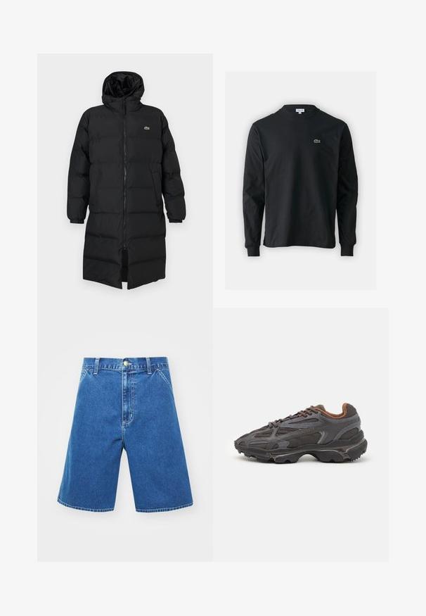 Piumino nero con cappuccio, caratterizzato da una zip completa, maniche lunghe e un design fino al ginocchio. Texture morbida e trapuntata con dettaglio del logo.; T-shirt a maniche lunghe nera in cotone, con scollatura rotonda e un piccolo logo di coccodrillo ricamato in verde sul lato sinistro del petto.; Shorts in denim dal colore blu, dalla vestibilità ampia, vita media, con tasche frontali e chiusura a bottone. Dettagli di cucitura lungo le cuciture.; Sneaker Lacoste grigie scure in materiale mesh e sintetico, con suola testurizzata e dettagli marroni sul colletto e sul branding.