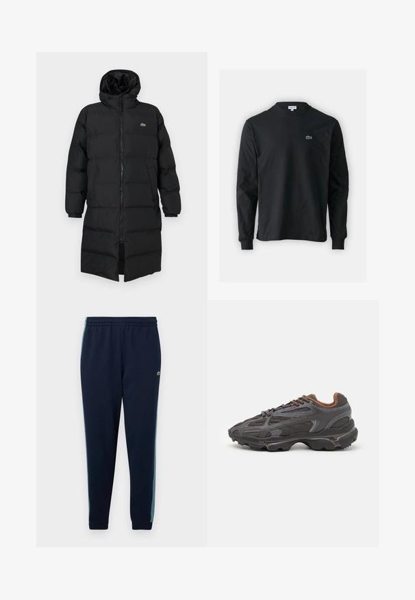 Casaco puffer preto com capuz, apresentando um fecho de correr completo, mangas longas e um design até ao joelho. Textura suave e acolchoada com detalhe do logotipo.; Camisola preta de manga longa feita de algodão, com decote redondo e um pequeno logótipo de crocodilo bordado em verde no lado esquerdo do peito.; Calças atléticas azul marinho feitas de algodão, com um corte afunilado, cintura elástica e riscas laterais azul claro. Inclui detalhe de logotipo.; Ténis Lacoste em cinza-escuro com material em malha e sintético, apresentando uma sola texturizada e detalhes castanhos na gola e na marca.