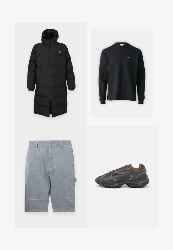 Must pufjakker, mille kapuutsiga, täispika tõmblukuga, pikkade varrukatega ja põlve pikkuses. Pehme, tikitud tekstuur, logodetailiga.; Must musta särk pikad varrukad, valmistatud puuvillast, ümar kaelus ja vasakul rinnal väike rohelise värvi tikandiga krokodillilogoga.; Kitsas siniste ja valgete triipudega lühikesed püksid, millel on vöörihm, nööbiga kinnitamine, kaks küljetaskut ja sirge lõige, mis lõppeb just üle põlve.; Tumed hallid Lacoste tossud, mis on valmistatud võrkkangast ja sünteetilisest materjalist, omavad tekstureeritud talla ning pruune aktsente kaeluse ja brändingu juures.