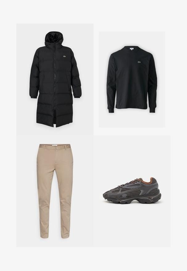 Schwarze Daunenjacke mit Kapuze, ausgestattet mit einem vollen Reißverschluss, langen Ärmeln und einem knielangen Schnitt. Weiche, gesteppten Textur mit Logodetail.; Schwarzes Langarm-T-Shirt aus Baumwolle, mit Rundhalsausschnitt und einem kleinen grünen, gestickten Krokodil-Logo auf der linken Brust.; Beige Baumwoll-Chinos mit geradem Bein, ausgestattet mit einem Knopfverschluss, Gürtelschlaufen und seitlichen Taschen. Glatte Textur ohne Muster.; Lacoste Sneaker in Dunkelgrau aus Mesh und Synthetikmaterial, mit einer strukturierten Sohle und braunen Akzenten am Kragen und Logo.