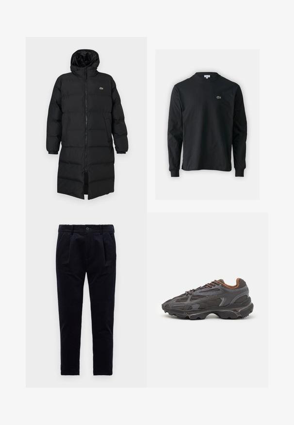 Black puffer coat with a hood, featuring a full zipper, long sleeves, and a knee-length design. Soft, quilted texture with logo detail.; Black long-sleeve t-shirt made of cotton, featuring a round neckline and a small green embroidered crocodile logo on the left chest.; Dark navy trousers made of textured fabric, featuring a button closure, pleats, and an elastic waistband for comfort. Straight-leg design.; Lacoste sneakers in dark gray with mesh and synthetic material, featuring a textured sole and brown accents on the collar and branding.