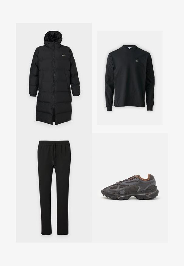 Sort pufferjakke med hætte, der har fuld lynlås, lange ærmer og knælængde. Blød, quiltet tekstur med logo-detalje.; Sort langærmet t-shirt lavet af bomuld, med rund halsudskæring og et lille grønt broderet krokodillelogo på venstre bryst.; Sorte joggerbukser med elastisk talje og snørre. Lavet af blødt stof, med en tætsiddende ben design og minimale detaljer.; Lacoste sneakers i mørkegrå med mesh og syntetisk materiale, udstyret med en tekstureret sål og brune accenter på kraven og brandingen.