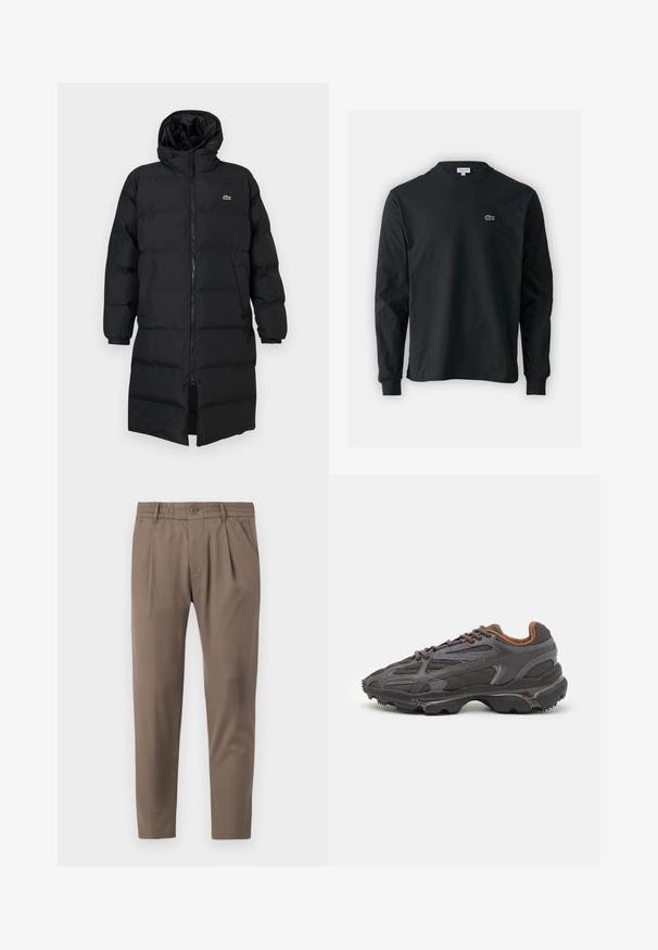 Black puffer coat with a hood, featuring a full zipper, long sleeves, and a knee-length design. Soft, quilted texture with logo detail.; Black long-sleeve t-shirt made of cotton, featuring a round neckline and a small green embroidered crocodile logo on the left chest.; DRYKORN CHASY - Chinos - nougat; Lacoste sneakers in dark gray with mesh and synthetic material, featuring a textured sole and brown accents on the collar and branding.