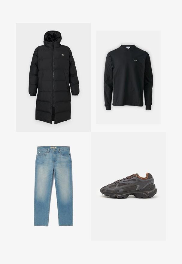 Abrigo acolchado negro con capucha, que presenta un cierre completo, mangas largas y un diseño hasta la rodilla. Textura suave y acolchada con detalle de logo.; Camiseta de manga larga negra de algodón, con escote redondo y un pequeño logo de cocodrilo bordado en verde en el lado izquierdo del pecho.; Jeans de mezclilla azul claro con un diseño de pierna recta, cinco bolsillos y un lavado ligeramente desgastado. Presentan herrajes plateados y una etiqueta de marca en la cinturilla.; Zapatillas Lacoste en gris oscuro con material de malla y sintético, que cuentan con una suela texturizada y detalles en marrón en el cuello y la marca.