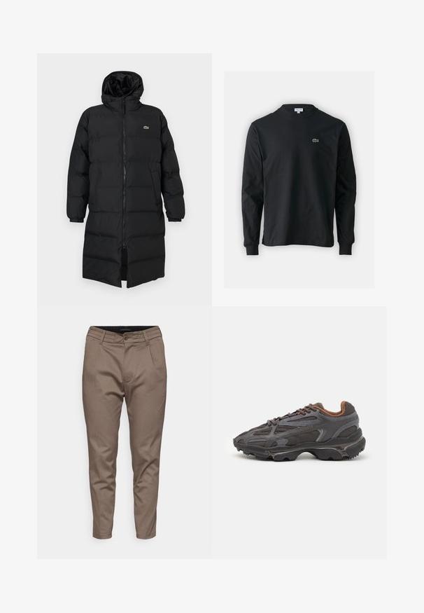 Geacă puffer neagră cu glugă, dotată cu fermoar complet, mâneci lungi și un design până la genunchi. Textură moale, matlasată, cu detalii ale logo-ului.; Tricou negru cu mânecă lungă, realizat din bumbac, cu un guler rotund și un mic logo brodat cu un crocodil verde pe partea stângă a pieptului.; Pantaloni croiți maro cu o textură fină, având un sistem de închidere cu buton frontal, bucle pentru curea și două buzunare laterale.; Adidași Lacoste de culoare gri închis, din material mesh și sintetic, cu o talpă texturată și accente maronii pe guler și branding.