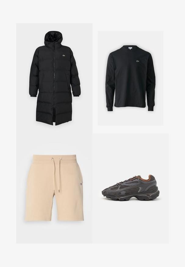 Zwarte pufferjas met een kap, voorzien van een volledige ritssluiting, lange mouwen en een lengte tot de knie. Zachte, gewatteerde textuur met logo-detail.; Zwarte longsleeve t-shirt van katoen, met een ronde halslijn en een klein groen geborduurd krokodillenlogo op de linkerborst.; Beige katoenen shorts met een elastische tailleband, verstelbaar trekkoord en zijzakken. Bevat een klein logo op de linkerdij.; Lacoste sneakers in donkergrijs van mesh en synthetisch materiaal, met een gestructureerde zool en bruine accenten op de kraag en branding.