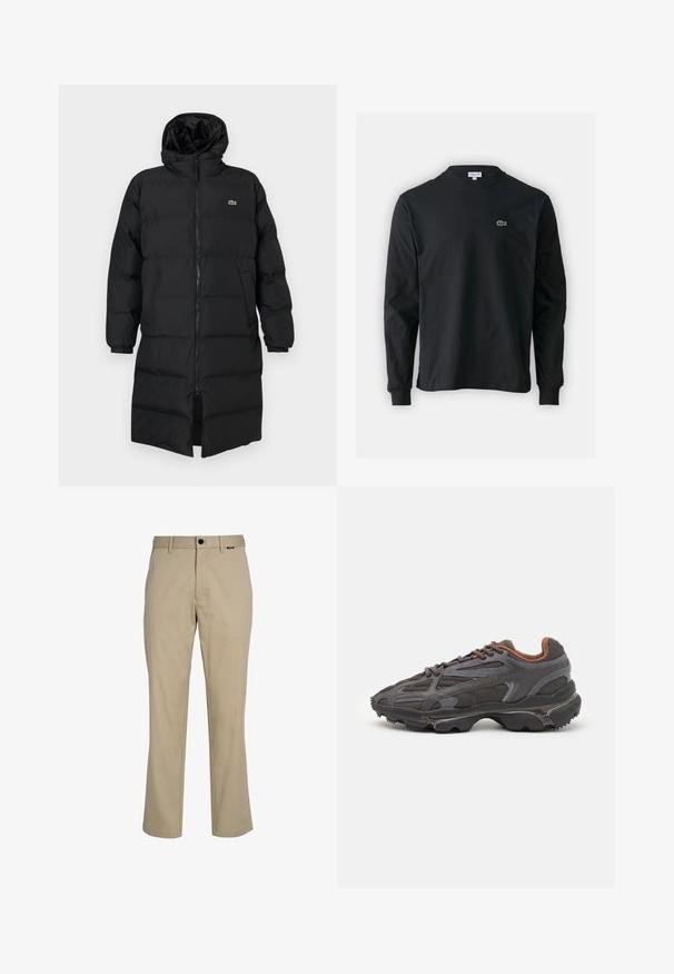 Manteau en duvet noir avec capuche, doté d'une fermeture éclair intégrale, de manches longues et d'un design long jusqu'aux genoux. Texture douce matelassée avec un détail de logo.; T-shirt noir à manches longues en coton, avec un col rond et un petit logo de crocodile brodé vert sur la poitrine gauche.; Pantalons beiges à jambe droite en tissu mélange coton. Caractéristiques : devant plat, passants de ceinture, fermeture à bouton et poches inclinées.; Baskets Lacoste en gris foncé, en matériau mesh et synthétique, avec une semelle texturée et des accents marron sur le col et le branding.