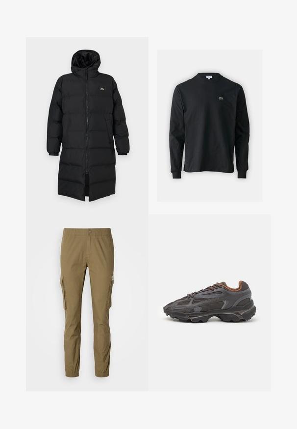 Svart dunjakke med hette, med hel glidelås, lange ermer og knelengde. Myk, quiltet tekstur med logodetalj.; Svart langermet T-skjorte laget av bomull, med rund hals og en liten grønn brodert krokodillelogo på venstre bryst.; Olivengrønne cargo-bukser med elastisk talje, sidelommer og tætsiddende ben med elastiske manchetter. Fremstillet af slidstærkt stof.; Lacoste-sneakers i mørkegrått med mesh- og syntetisk materiale, med en teksturert såle og brune detaljer på kragen og merket.
