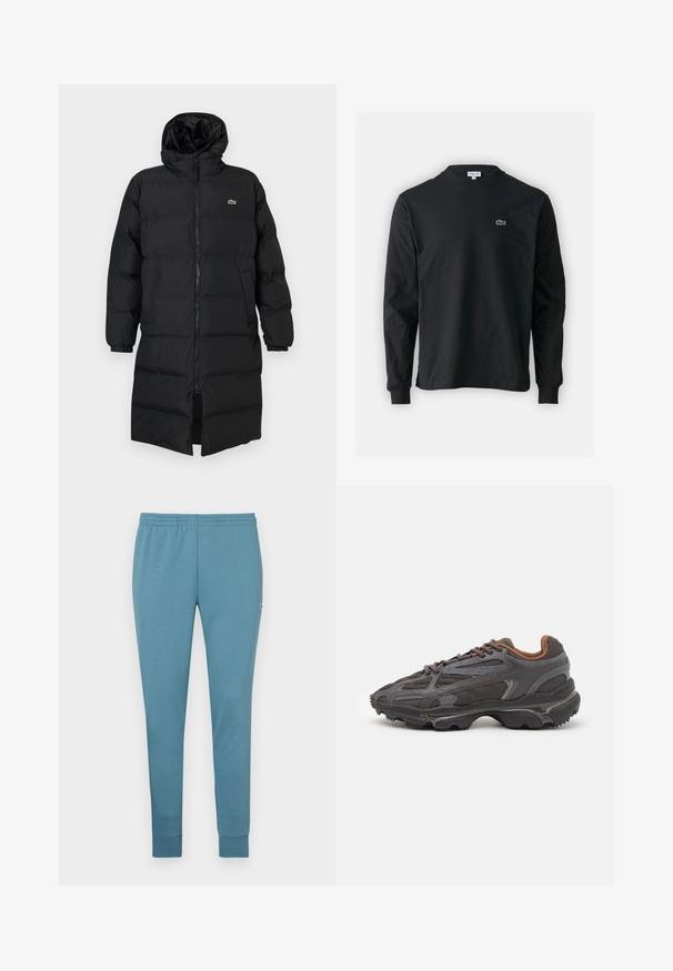 Fekete, kapucnis puffertakó, teljes cipzárral, hosszú ujjakkal és térd hosszig érő fazonnal. Puha, steppelt textúra logó részlettel.; Fekete hosszú ujjú pamut póló, kerek nyakkivágással, bal mellen egy kis zöld hímzett krokodil logóval.; Világoskék sportnadrág, puha anyagból, szűkített fazonban, elasztikus derékkal és passzos szárakkal. Kis logó az oldalon.; Sötét szürke Lacoste sportcipők hálós és szintetikus anyagból, textúrázott talppal és barna díszítésekkel a nyak részen és a logón.