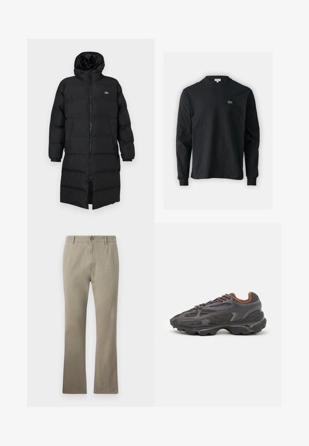 Geacă puffer neagră cu glugă, dotată cu fermoar complet, mâneci lungi și un design până la genunchi. Textură moale, matlasată, cu detalii ale logo-ului.; Tricou negru cu mânecă lungă, realizat din bumbac, cu un guler rotund și un mic logo brodat cu un crocodil verde pe partea stângă a pieptului.; Pantaloni bej din bumbac cu croială dreaptă, prevăzuți cu închidere prin nasture, bucle pentru curea și o suprafață ușor texturată, potriviți pentru ținute casual.; Adidași Lacoste de culoare gri închis, din material mesh și sintetic, cu o talpă texturată și accente maronii pe guler și branding.