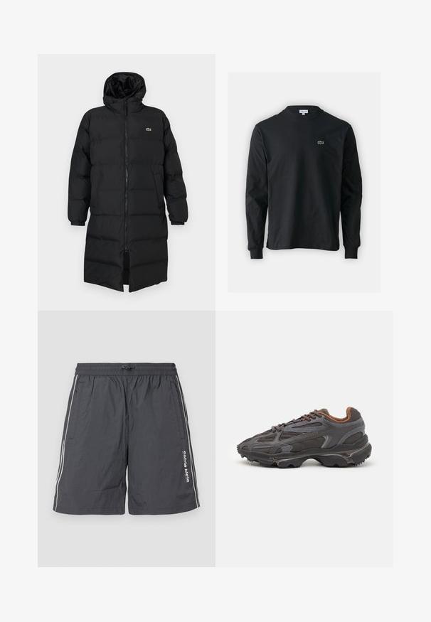 Černá péřová bunda s kapucí, s plným zipem, dlouhými rukávy a délkou po kolena. Měkká prošívaná textura s detailem loga.; Černé dlouhé rukávy triko vyrobené z bavlny, s kulatým výstřihem a malým zeleným vyšitým logem krokodýla na levé hrudi.; Šedé, lehké šortky s elastickým pasem a stahovací šňůrkou. Obsahují bílé boční pruhy a detail loga na levé noze.; Sněrovací boty Lacoste v tmavě šedé barvě s síťovinou a syntetickým materiálem, prezentující texturovanou podrážku a hnědé detaily na límci a logu.