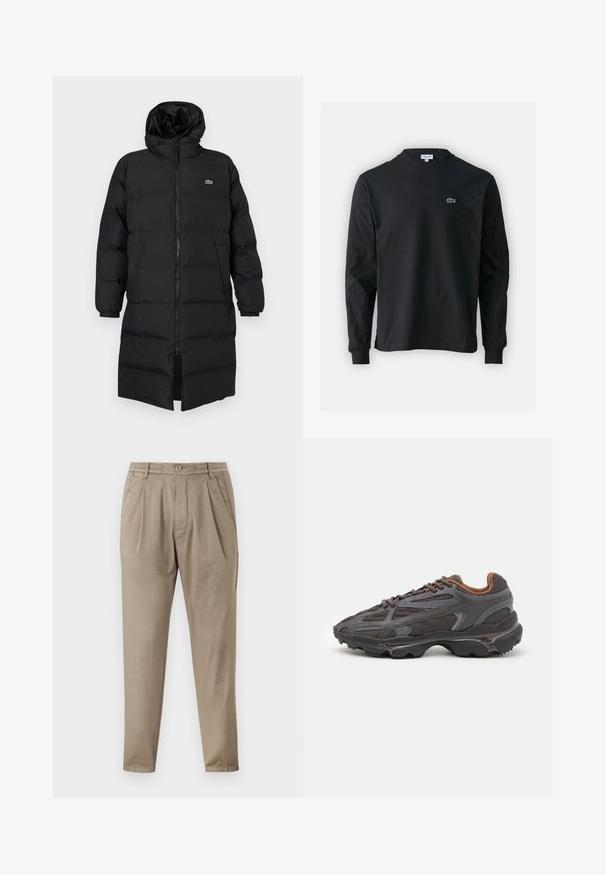 Manteau en duvet noir avec capuche, doté d'une fermeture éclair intégrale, de manches longues et d'un design long jusqu'aux genoux. Texture douce matelassée avec un détail de logo.; T-shirt noir à manches longues en coton, avec un col rond et un petit logo de crocodile brodé vert sur la poitrine gauche.; Pantalons beige en tissu doux, dotés d'une coupe décontractée, d'un devant plissé, d'une taille élastique et de jambes fuselées.; Baskets Lacoste en gris foncé, en matériau mesh et synthétique, avec une semelle texturée et des accents marron sur le col et le branding.